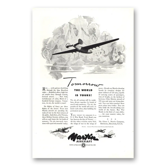 1943 Martin Aircraft Tomorrow the World is Yours Vintage Magazine Print Ad