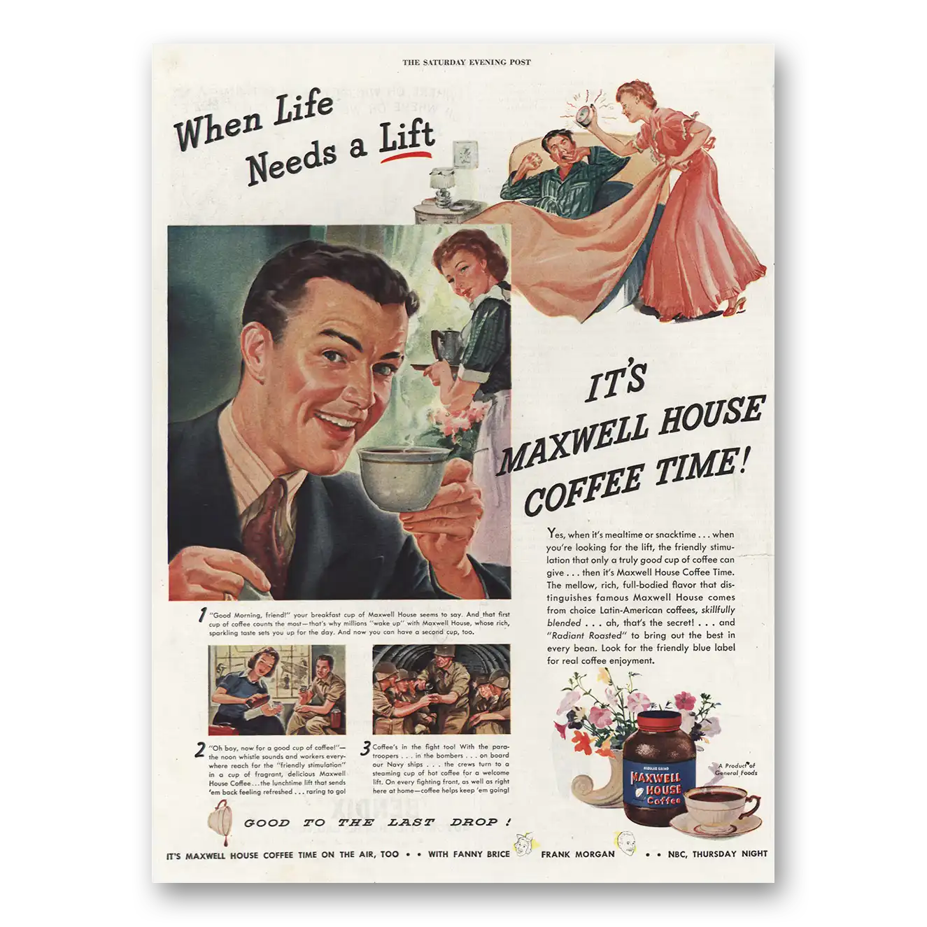 1943 Maxwell House Coffee Life Needs Lift Vintage Magazine Print Ad