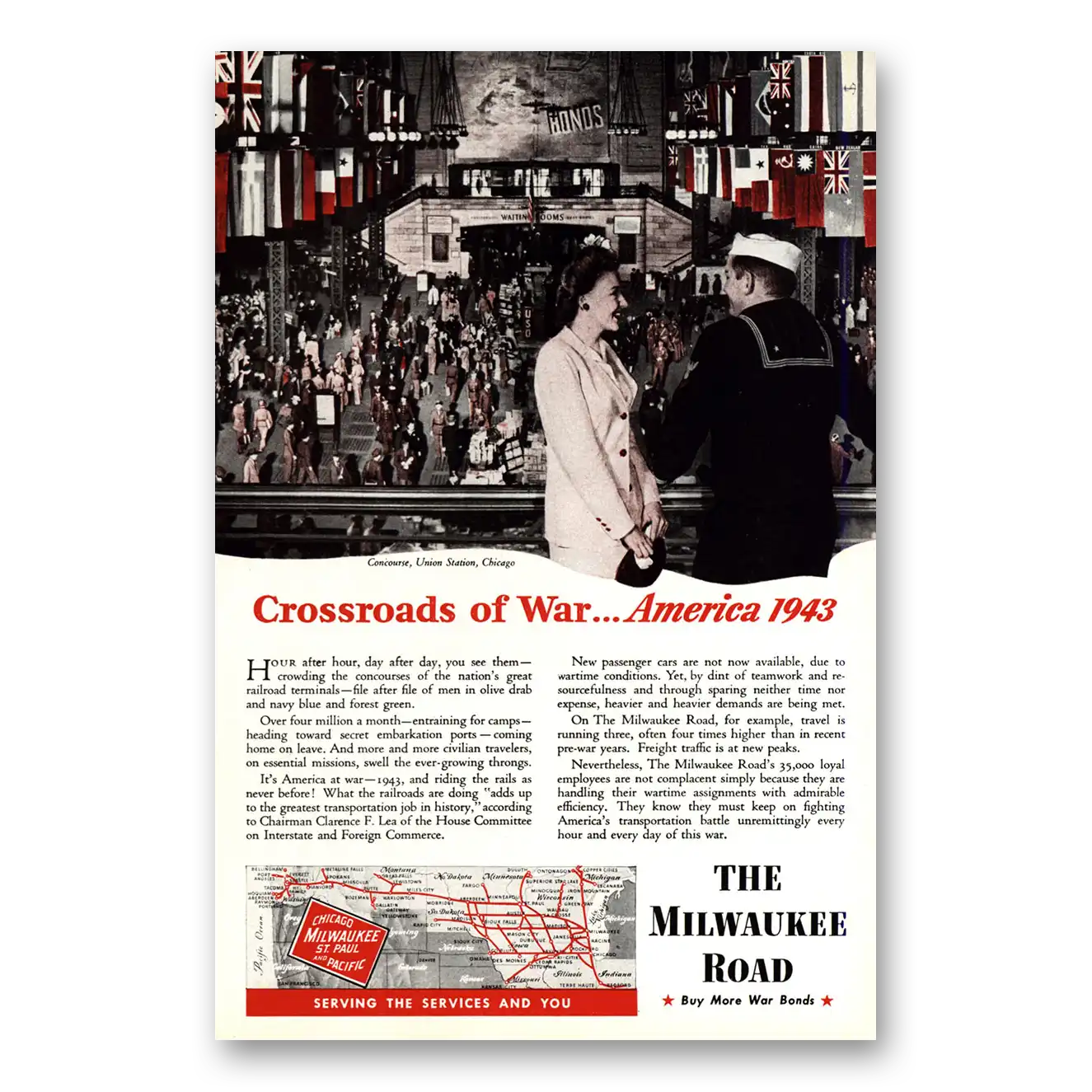 1943 Milwaukee Road Crossroads of War Vintage Magazine Print Ad