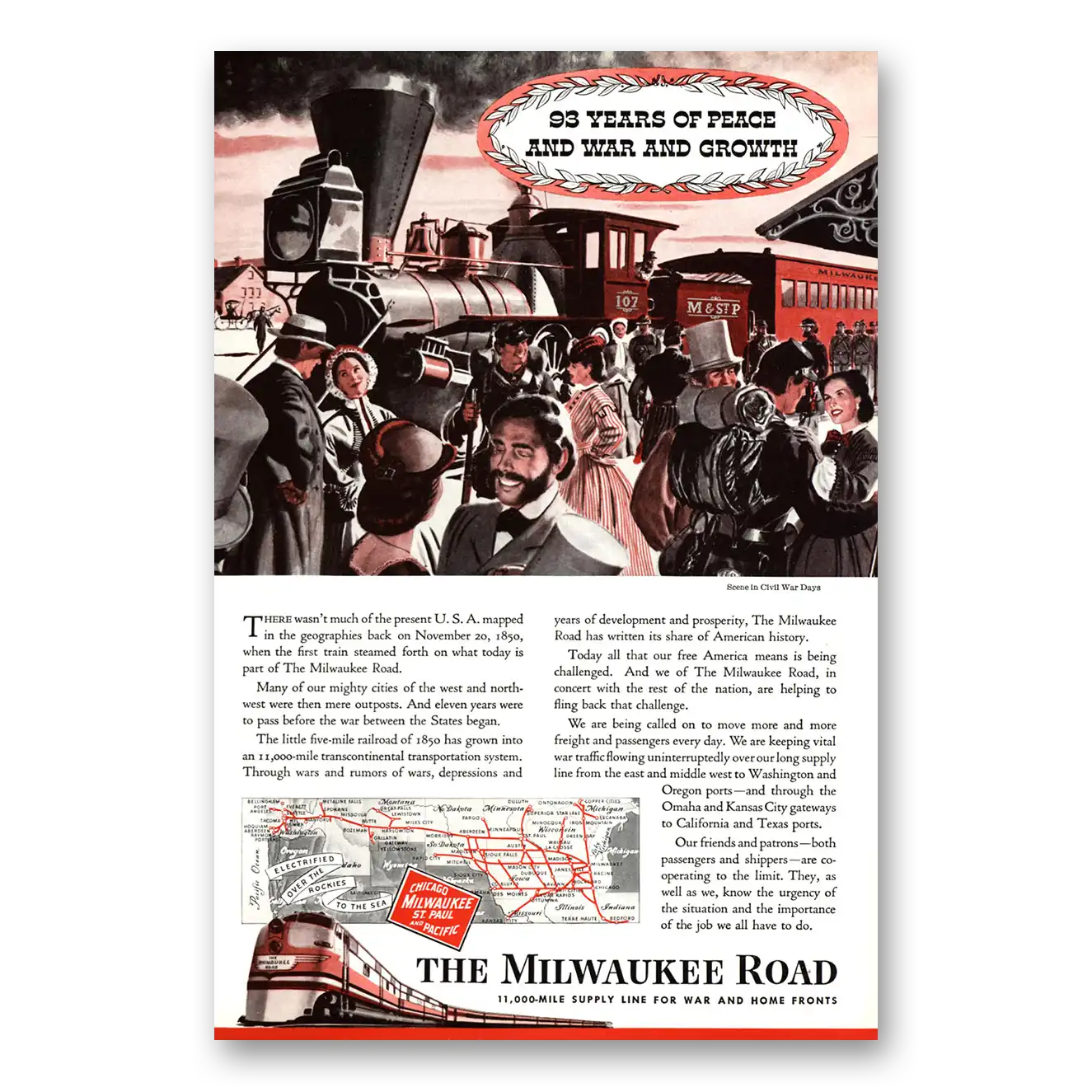 1943 Milwaukee Road Years of Peace and War and Growth Vintage Magazine Print Ad