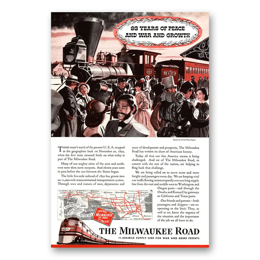 1943 Milwaukee Road Years of Peace and War and Growth Vintage Magazine Print Ad