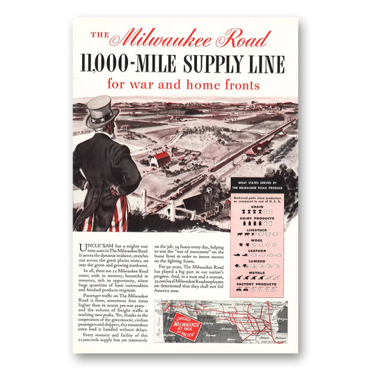 1943 Milwaukee Road 11000 Mile Supply Line Vintage Magazine Print Ad