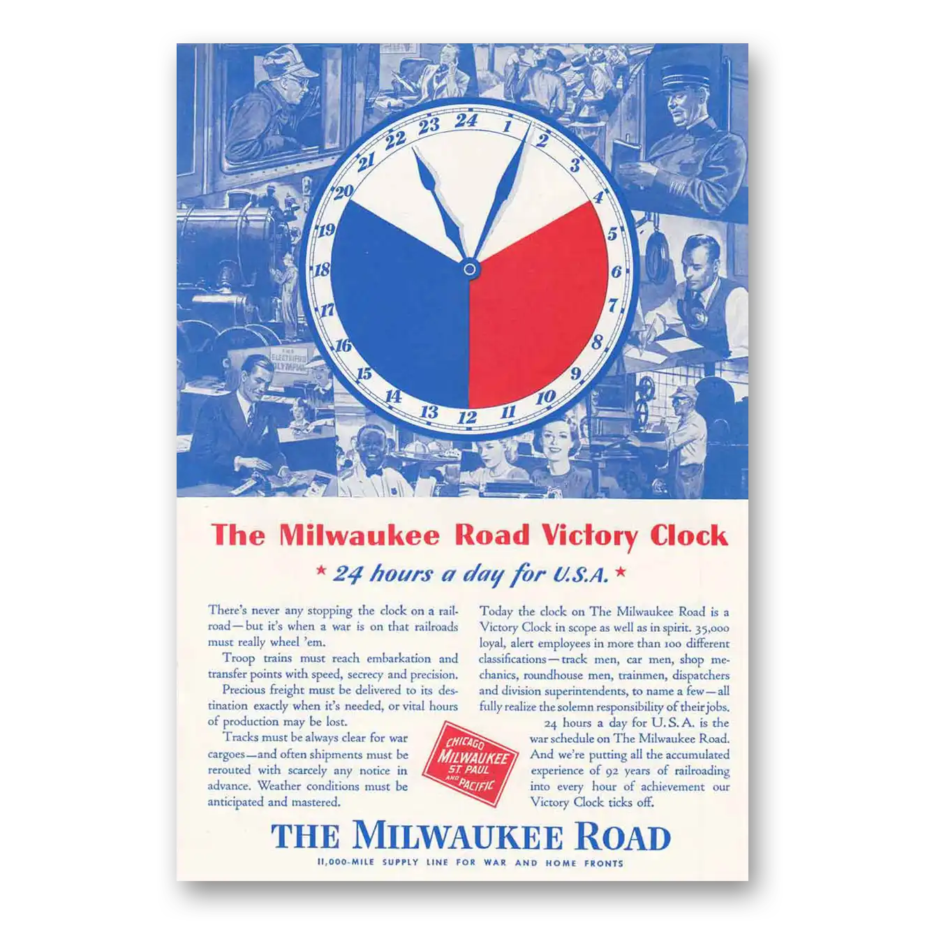 1943 Milwaukee Road Victory Clock 24 Hours a Day Vintage Magazine Print Ad