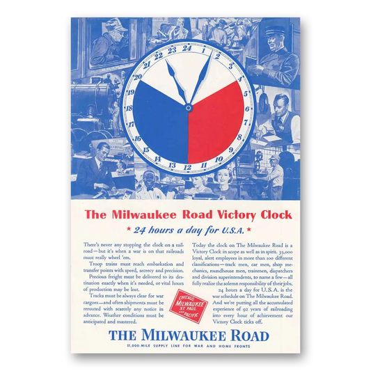 1943 Milwaukee Road Victory Clock 24 Hours a Day Vintage Magazine Print Ad