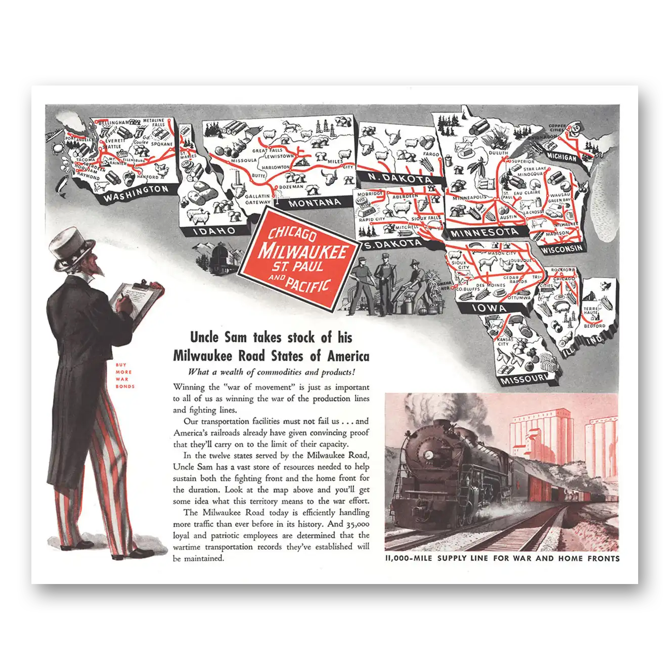 1943 Milwaukee Road Uncle Sam Takes Stock Vintage Magazine Print Ad