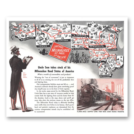 1943 Milwaukee Road Uncle Sam Takes Stock Vintage Magazine Print Ad