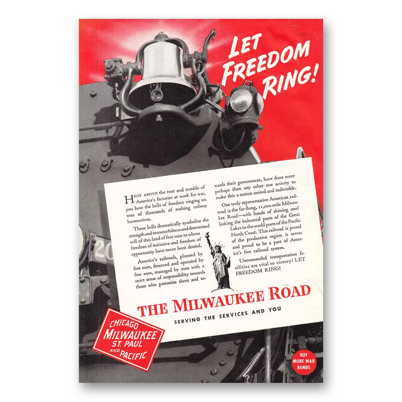 1943 Milwaukee Road Let Freedom Ring Vintage Magazine Print Ad