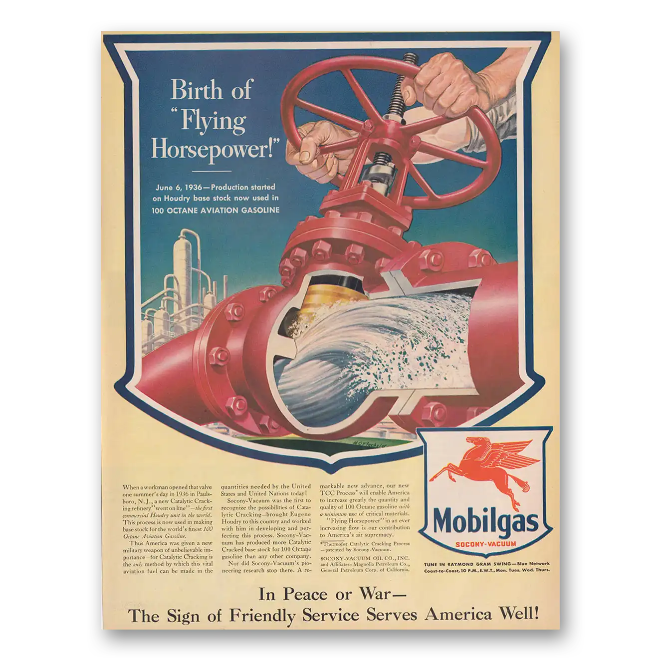 1943 Mobilgas Birth of Flying Horsepower Vintage Magazine Print Ad