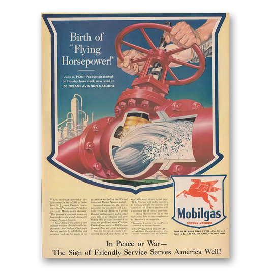 1943 Mobilgas Birth of Flying Horsepower Vintage Magazine Print Ad