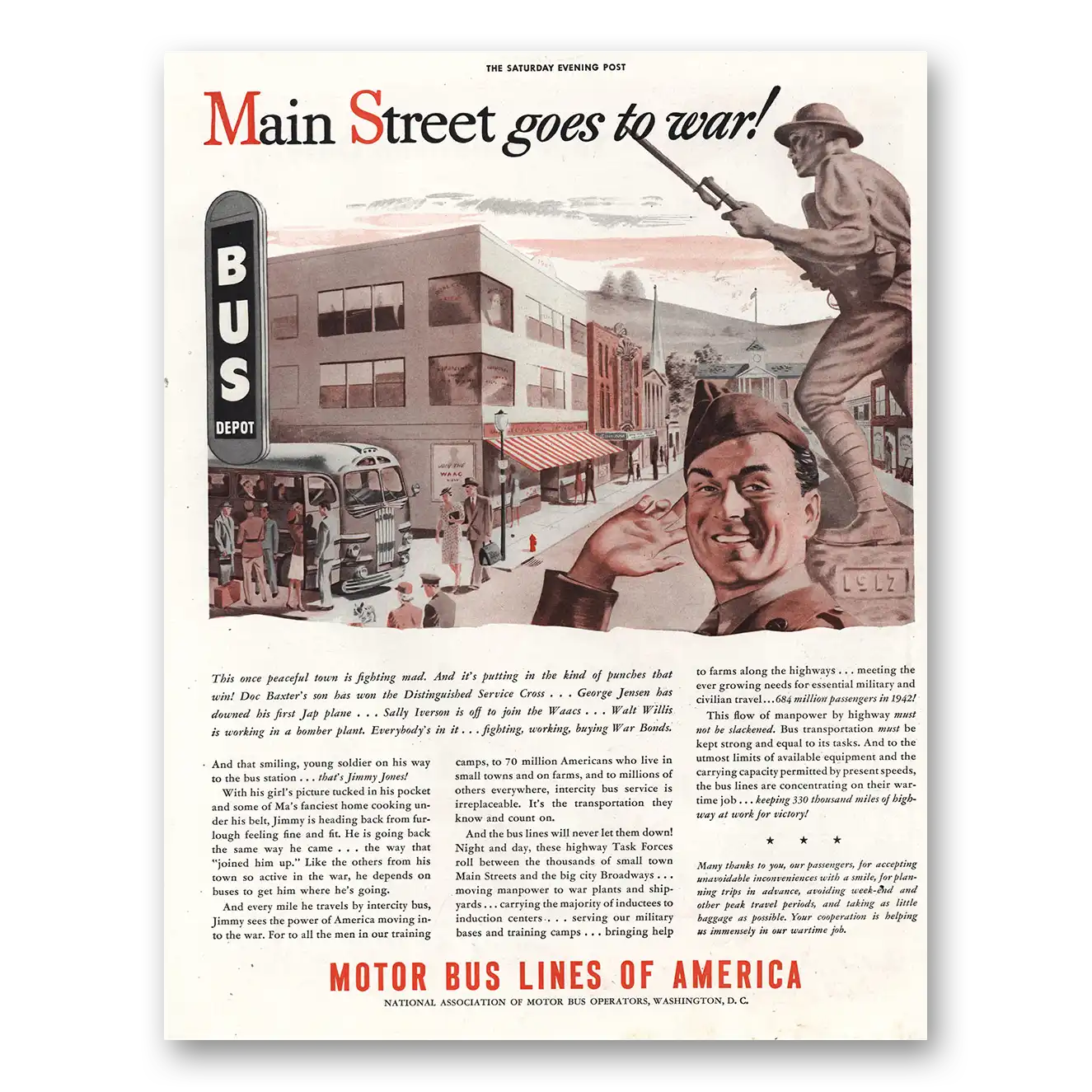 1943 Motor Bus Lines of America Main Street Vintage Magazine Print Ad