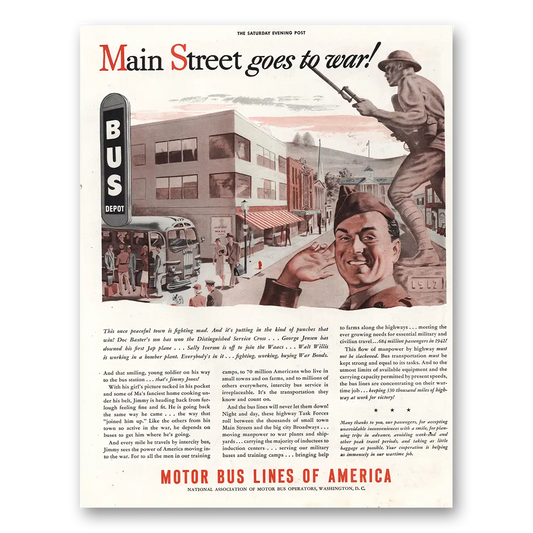 1943 Motor Bus Lines of America Main Street Vintage Magazine Print Ad