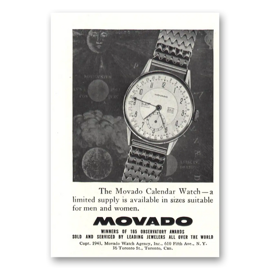 1943 Movado Watch Calendar Watch Men and Women Vintage Magazine Print Ad