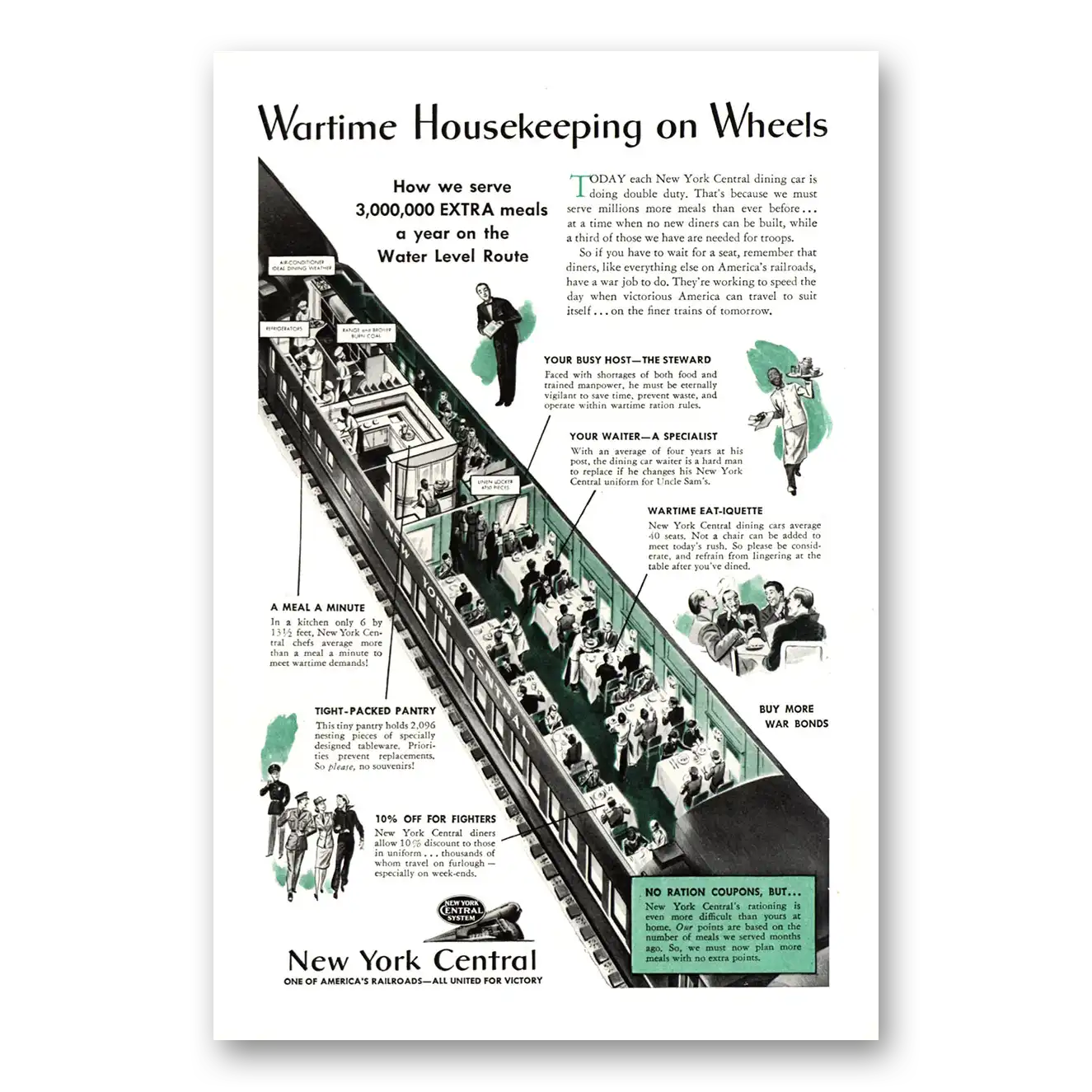 1943 New York Central Wartime Housekeeping on Wheels Vintage Magazine Print Ad