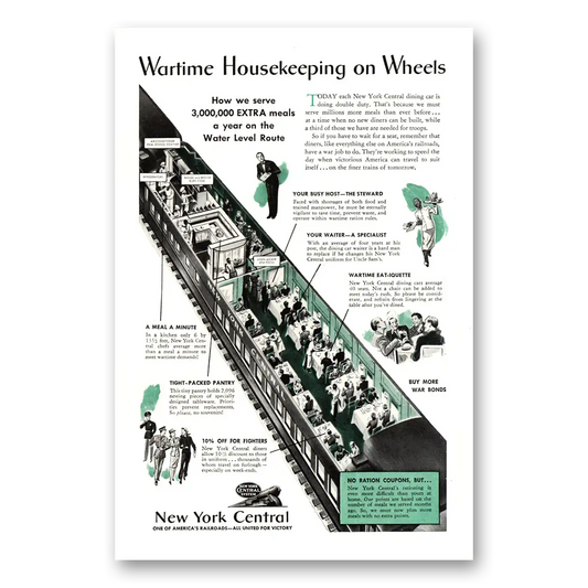 1943 New York Central Wartime Housekeeping on Wheels Vintage Magazine Print Ad