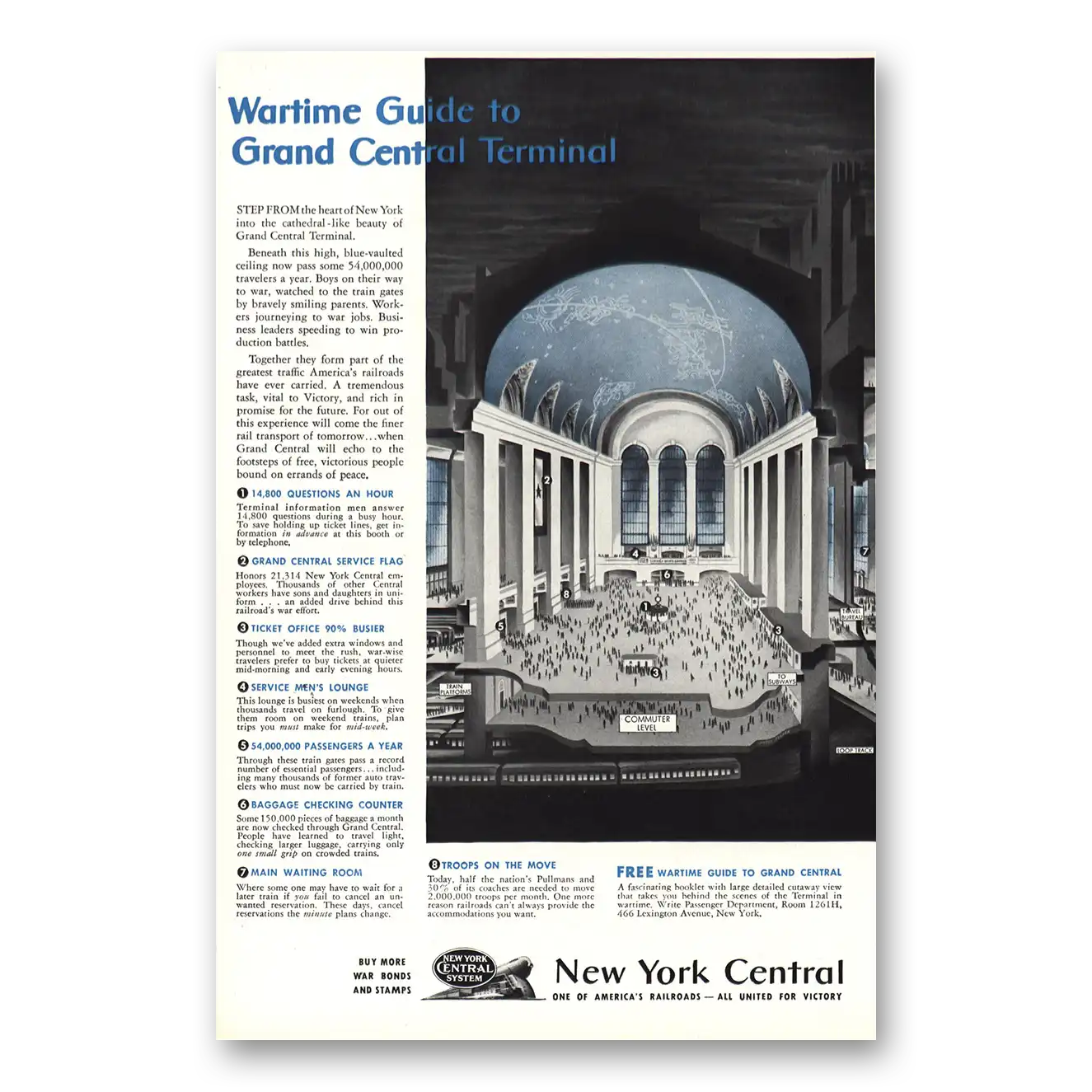 1943 New York Central Wartime Guide Grand Central Terminal Vintage Magazine Print Ad