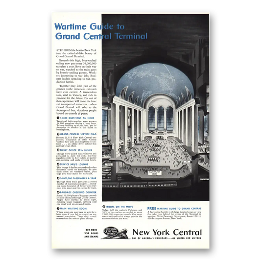 1943 New York Central Wartime Guide Grand Central Terminal Vintage Magazine Print Ad