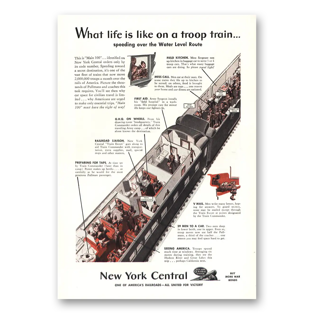 1943 New York Central Life Is Like On Troop Train Vintage Magazine Print Ad