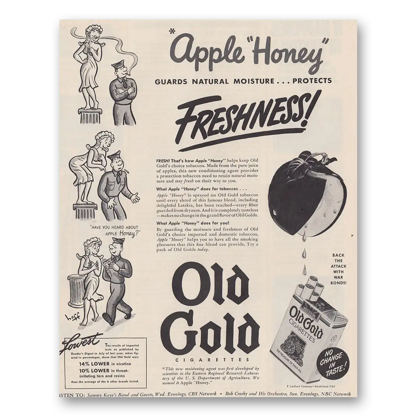 1943 Old Gold Cigarettes Apple Honey Freshness Vintage Magazine Print Ad