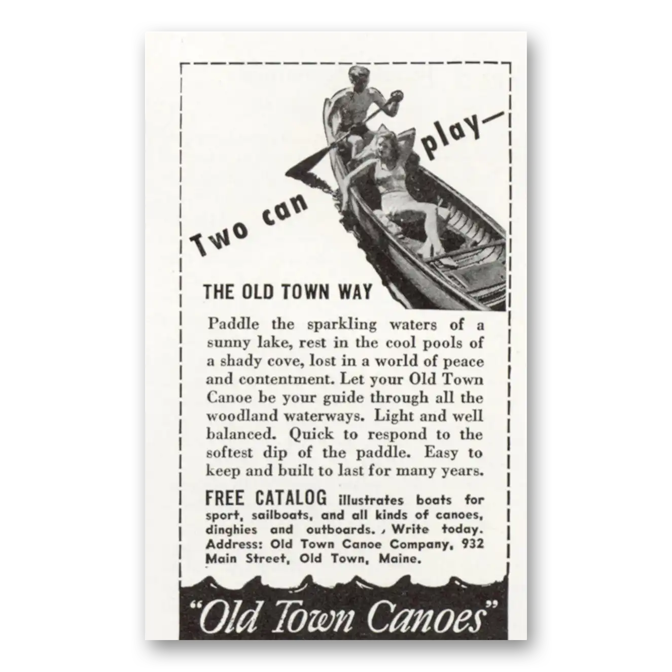 1943 Old Town Canoe Two Can Play Vintage Magazine Print Ad