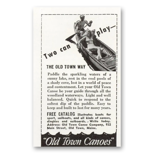 1943 Old Town Canoe Two Can Play Vintage Magazine Print Ad