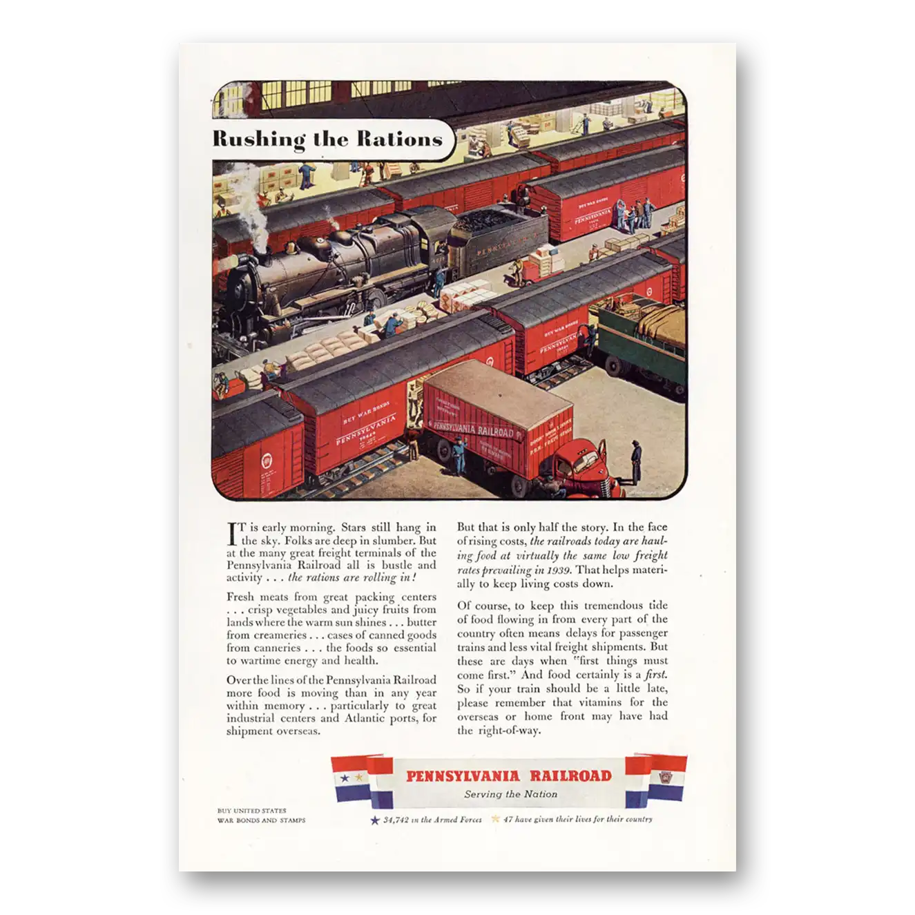 1943 Pennsylvania Railroad Rushing the Rations Vintage Magazine Print Ad