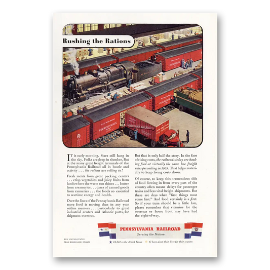 1943 Pennsylvania Railroad Rushing the Rations Vintage Magazine Print Ad