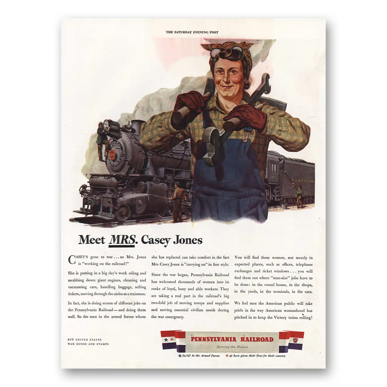 1943 Pennsylvania Railroad Meet Mrs Casey Jones Vintage Magazine Print Ad