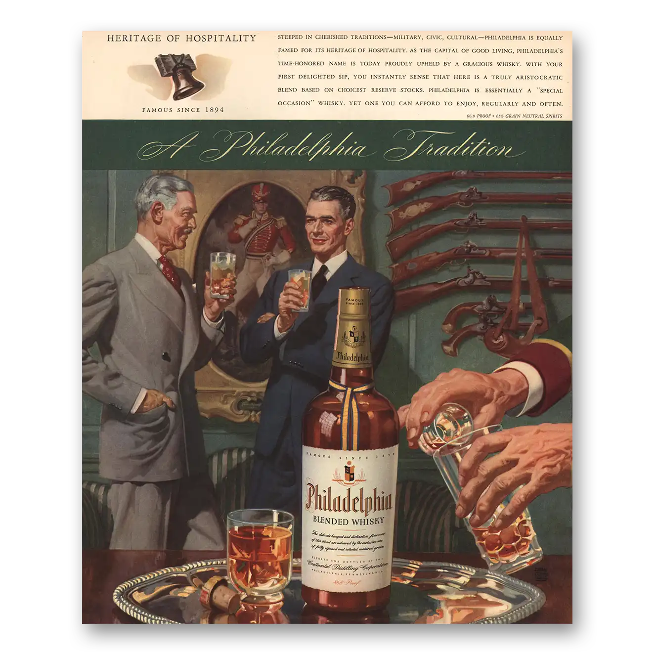 1943 Philadelphia Blended Whisky Heritage of Hospitality Vintage Magazine Print Ad