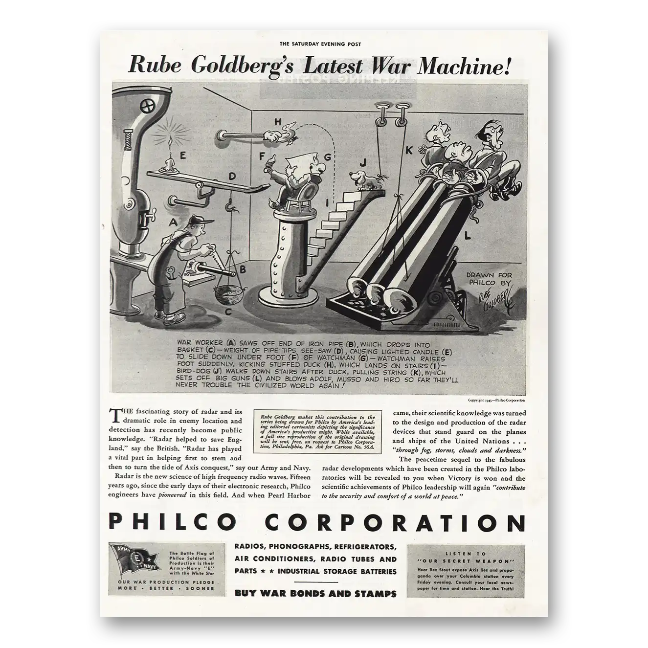 1943 Philco Rube Goldbergs Latest War Machine Vintage Magazine Print Ad