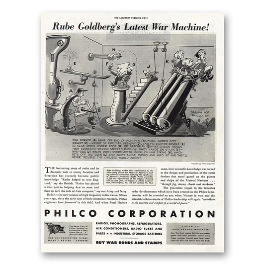 1943 Philco Rube Goldbergs Latest War Machine Vintage Magazine Print Ad