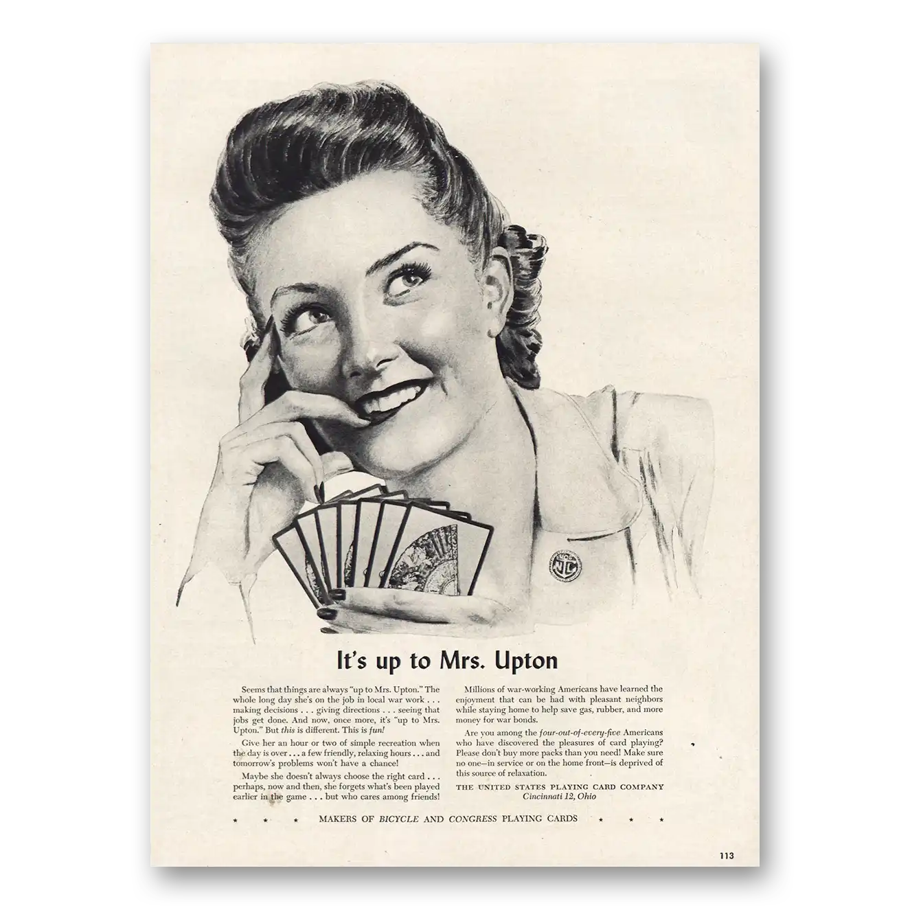 1943 United States Playing Card Its Up to Mrs Upton Vintage Magazine Print Ad