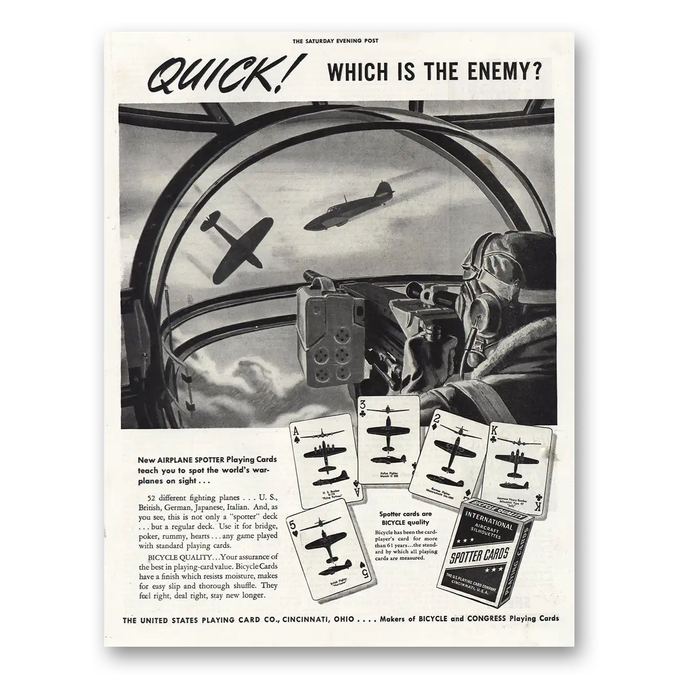 1943 United States Playing Card Airplane Spotter Cards Vintage Magazine Print Ad