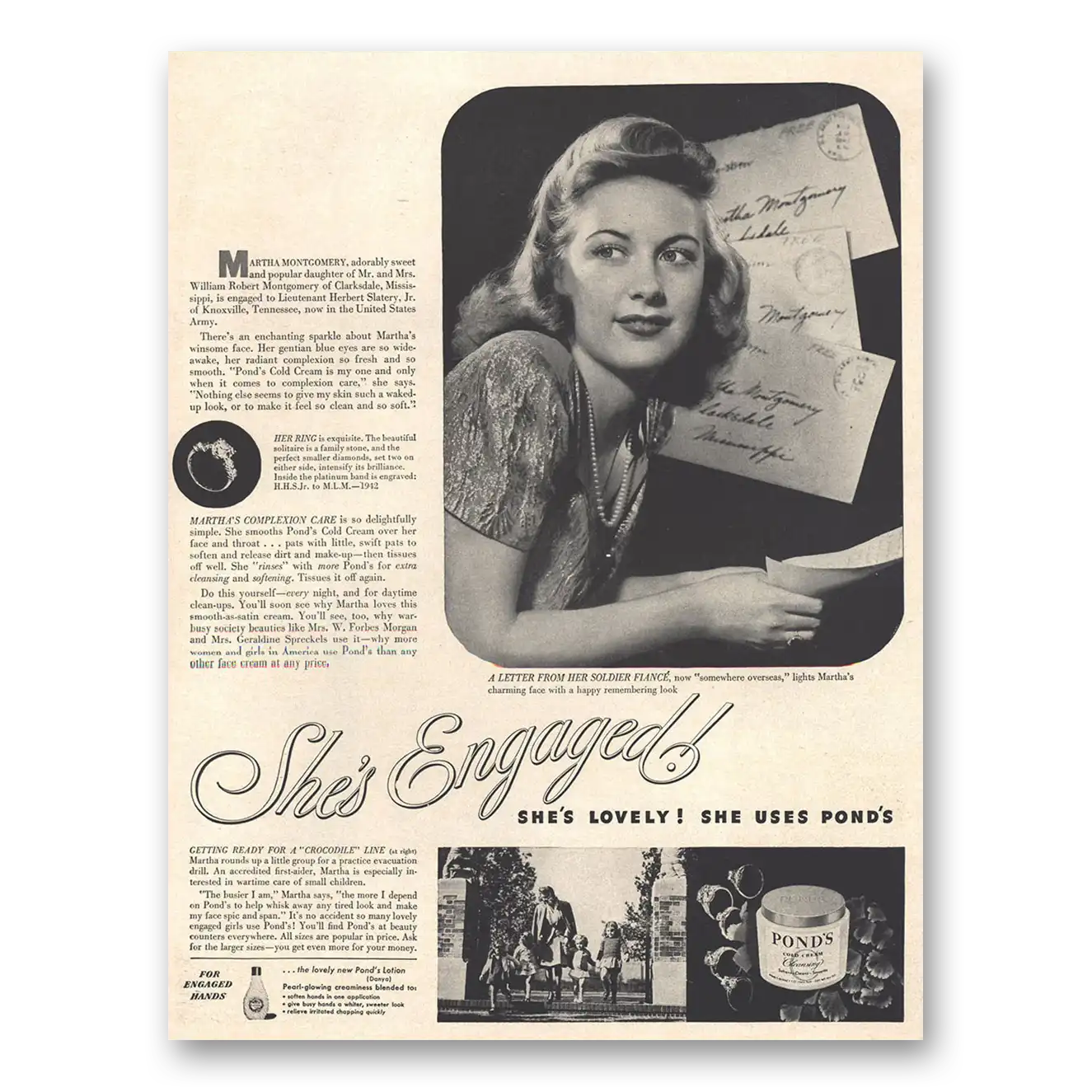 1943 Ponds Cold Cream Martha Montgomery She's Engaged Vintage Magazine Print Ad