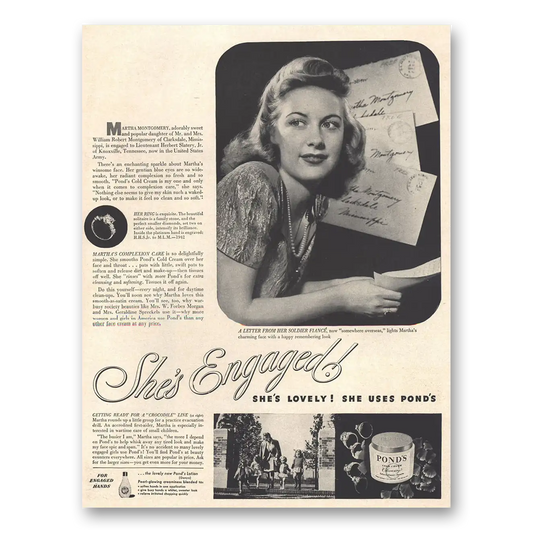 1943 Ponds Cold Cream Martha Montgomery She's Engaged Vintage Magazine Print Ad