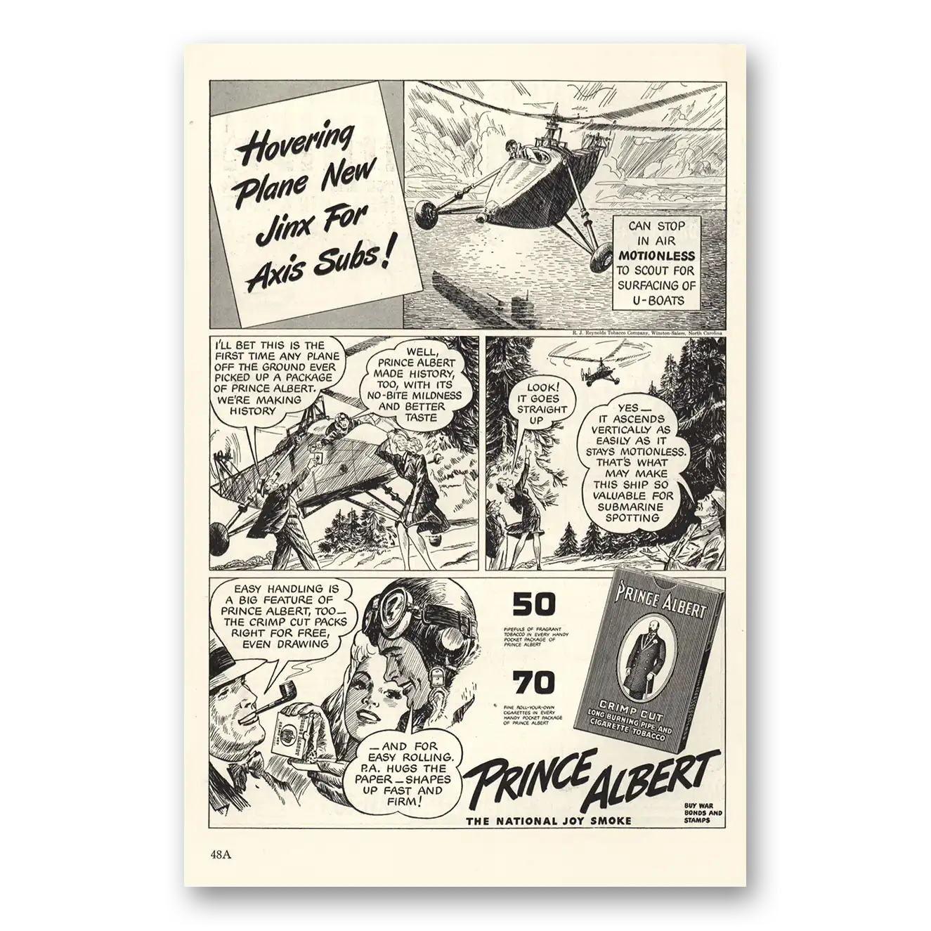 1943 Prince Albert Tobacco Hovering Plane Jinx for Axis Subs Vintage Magazine Print Ad