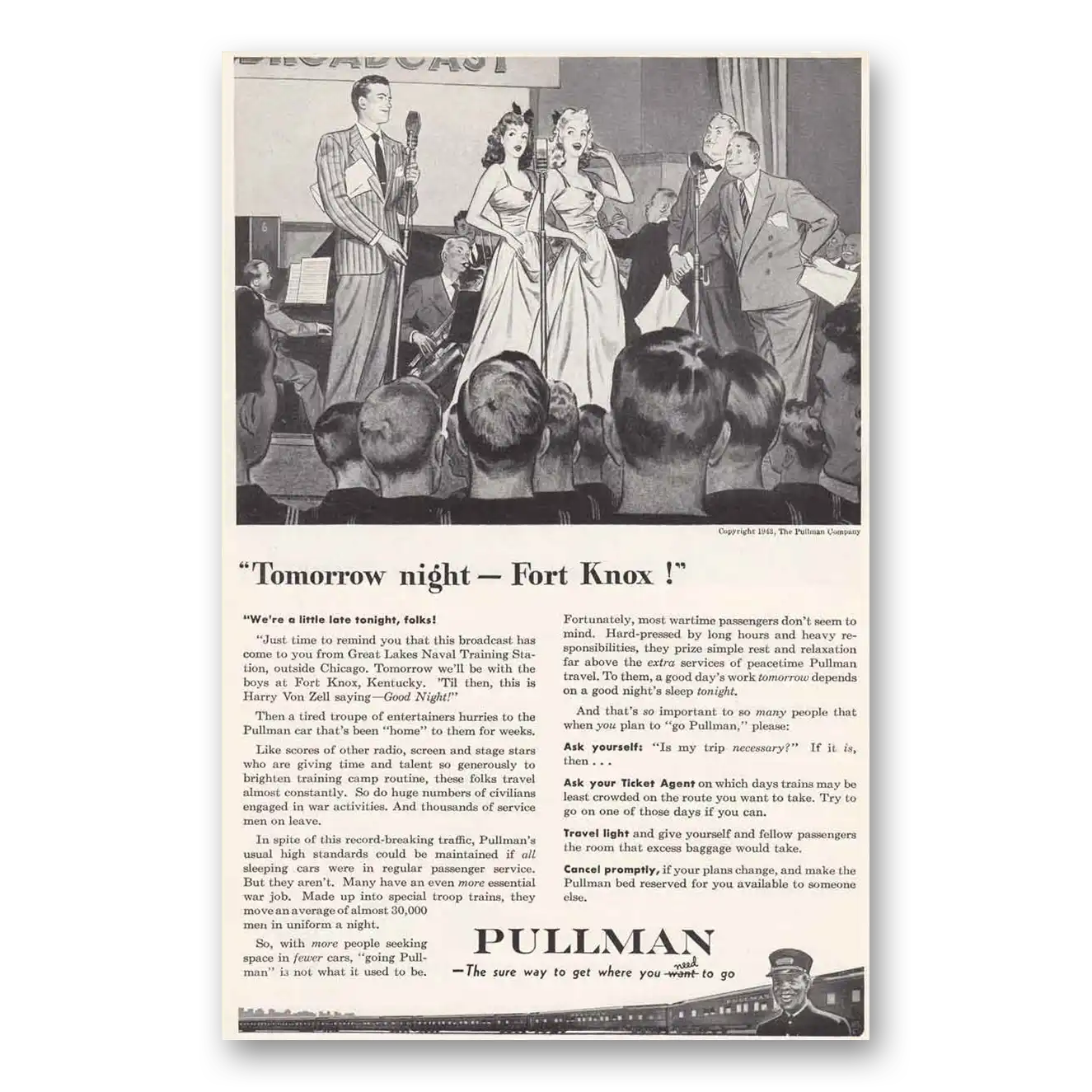 1943 Pullman Tomorrow Night Fort Knox Great Lakes Naval Training Vintage Magazine Print Ad