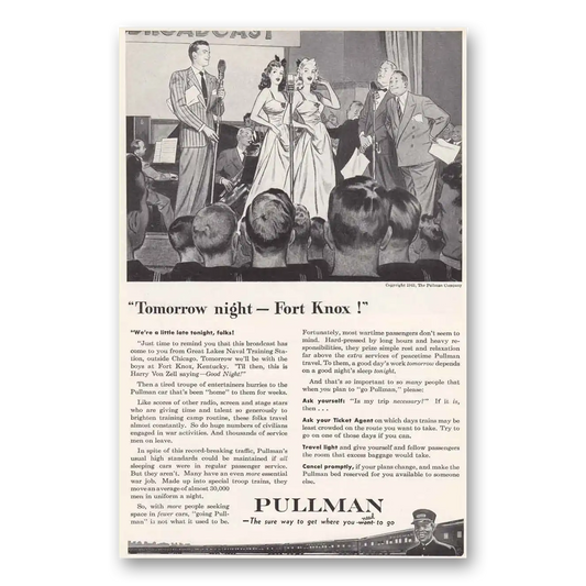 1943 Pullman Tomorrow Night Fort Knox Great Lakes Naval Training Vintage Magazine Print Ad