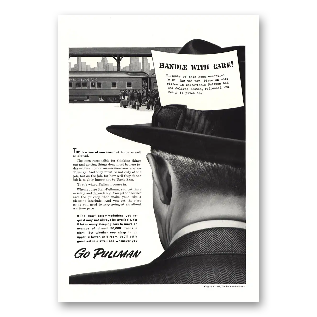 1943 Pullman Handle With Care Vintage Magazine Print Ad