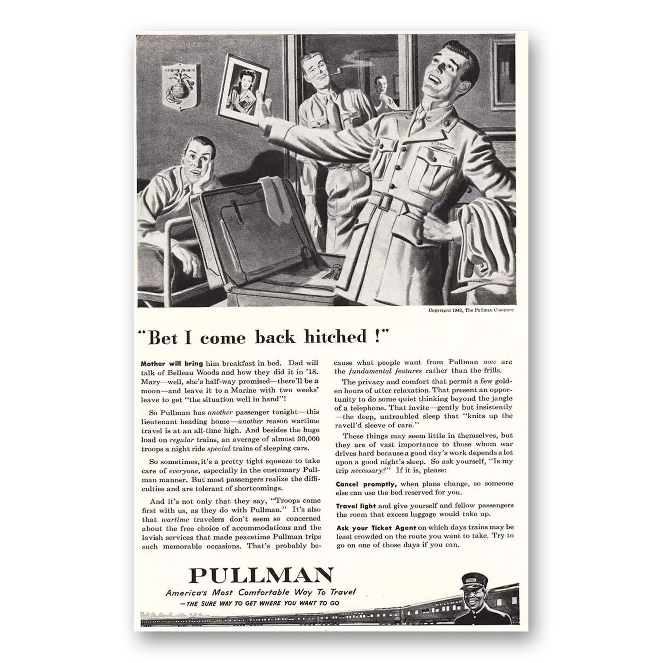 1943 Pullman Bet I Come Back Hitched Vintage Magazine Print Ad