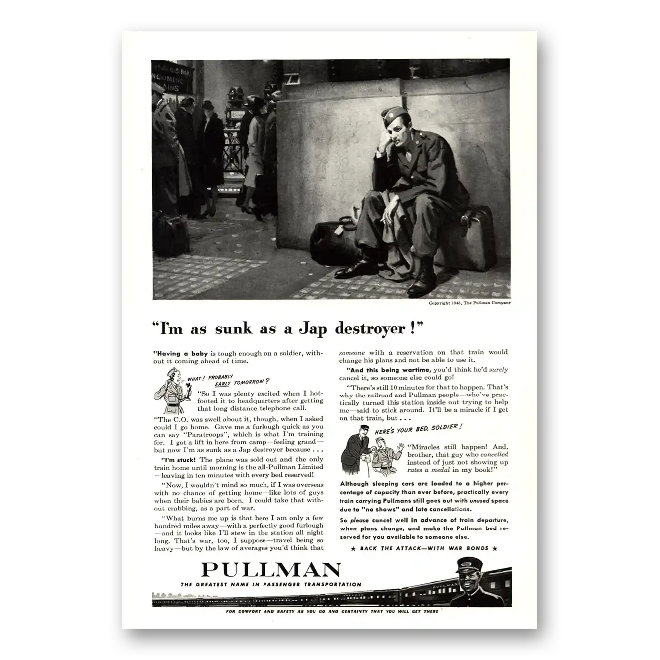 1943 Pullman As Sunk As a Jap Destroyer Vintage Magazine Print Ad