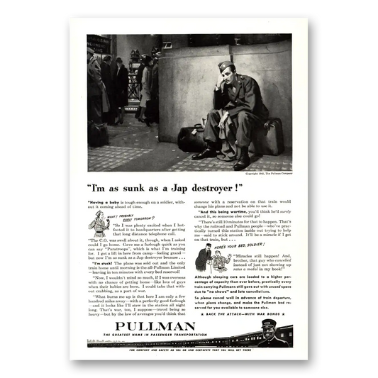 1943 Pullman As Sunk As a Jap Destroyer Vintage Magazine Print Ad