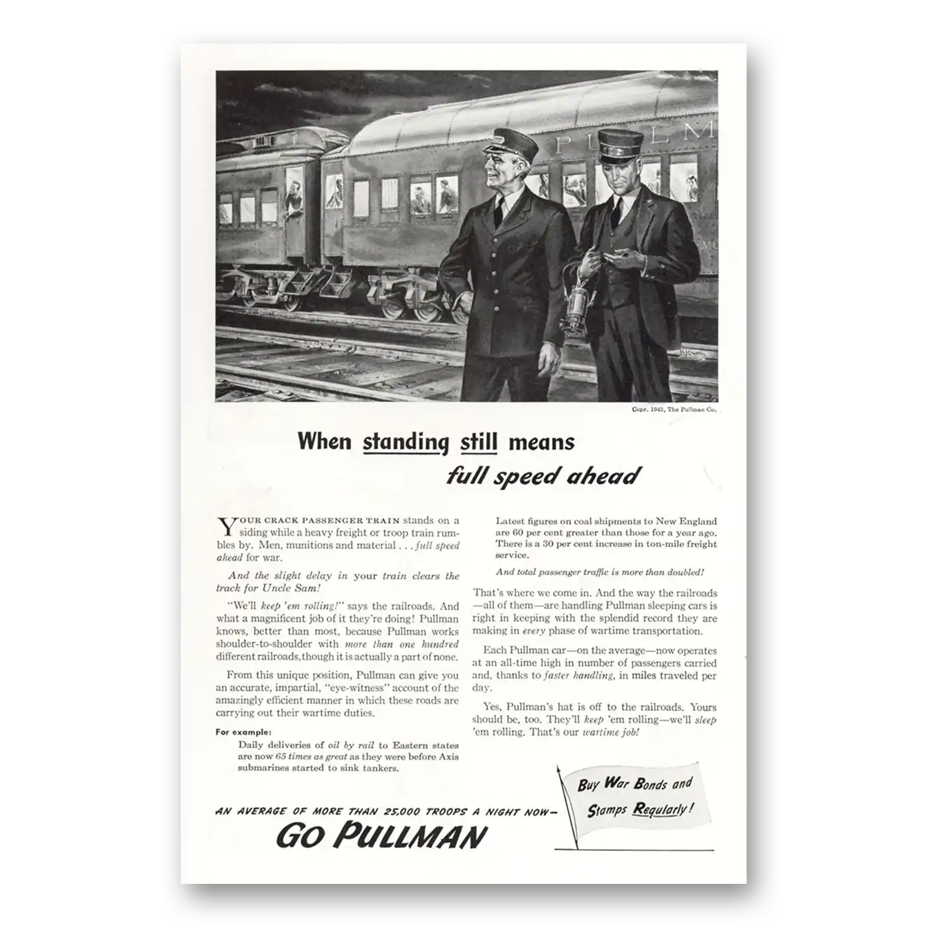 1943 Pullman When Standing Still Means Full Speed Ahead Vintage Magazine Print Ad