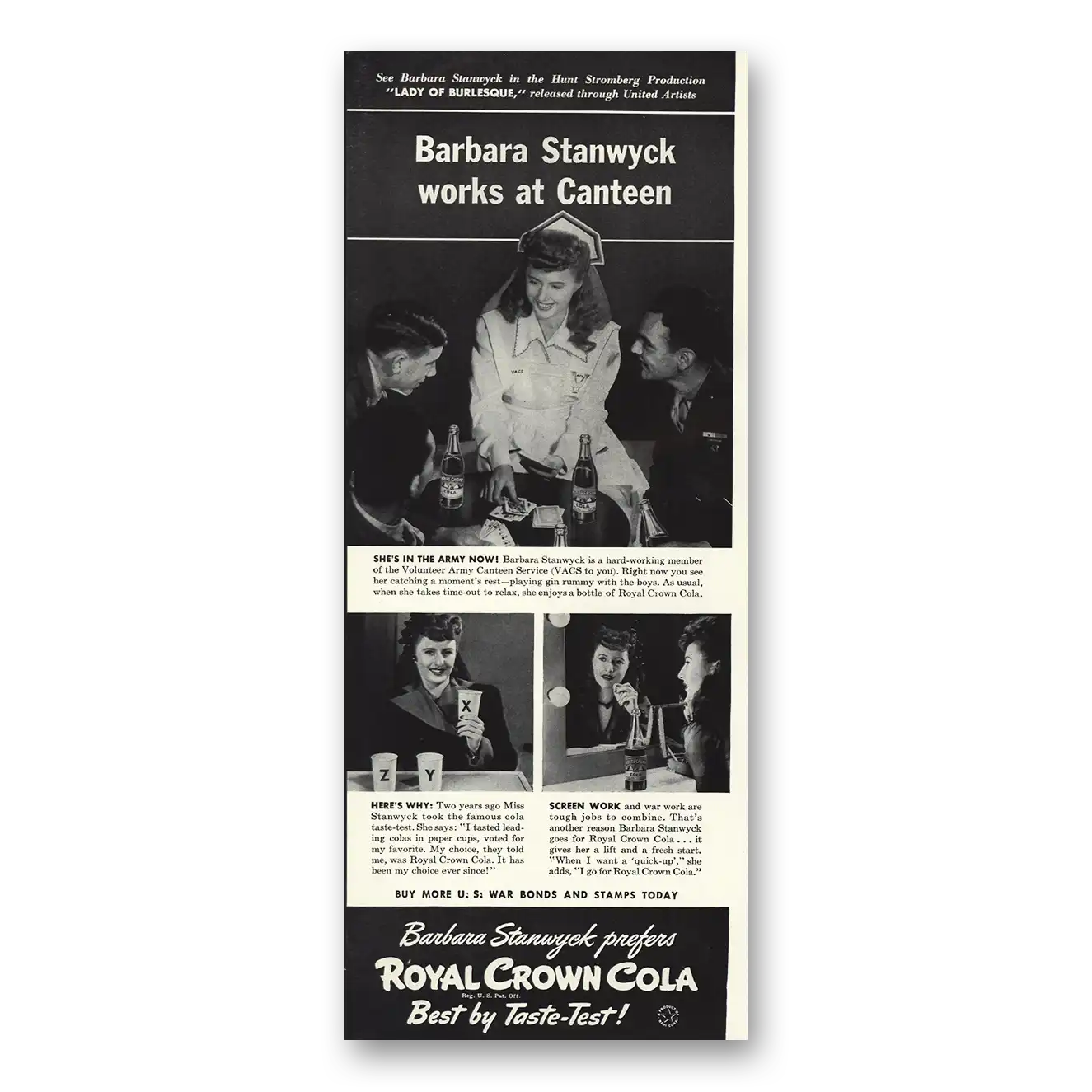 1943 Royal Crown Cola Barbara Stanwyck Canteen Vintage Magazine Print Ad