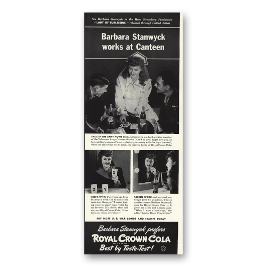 1943 Royal Crown Cola Barbara Stanwyck Canteen Vintage Magazine Print Ad