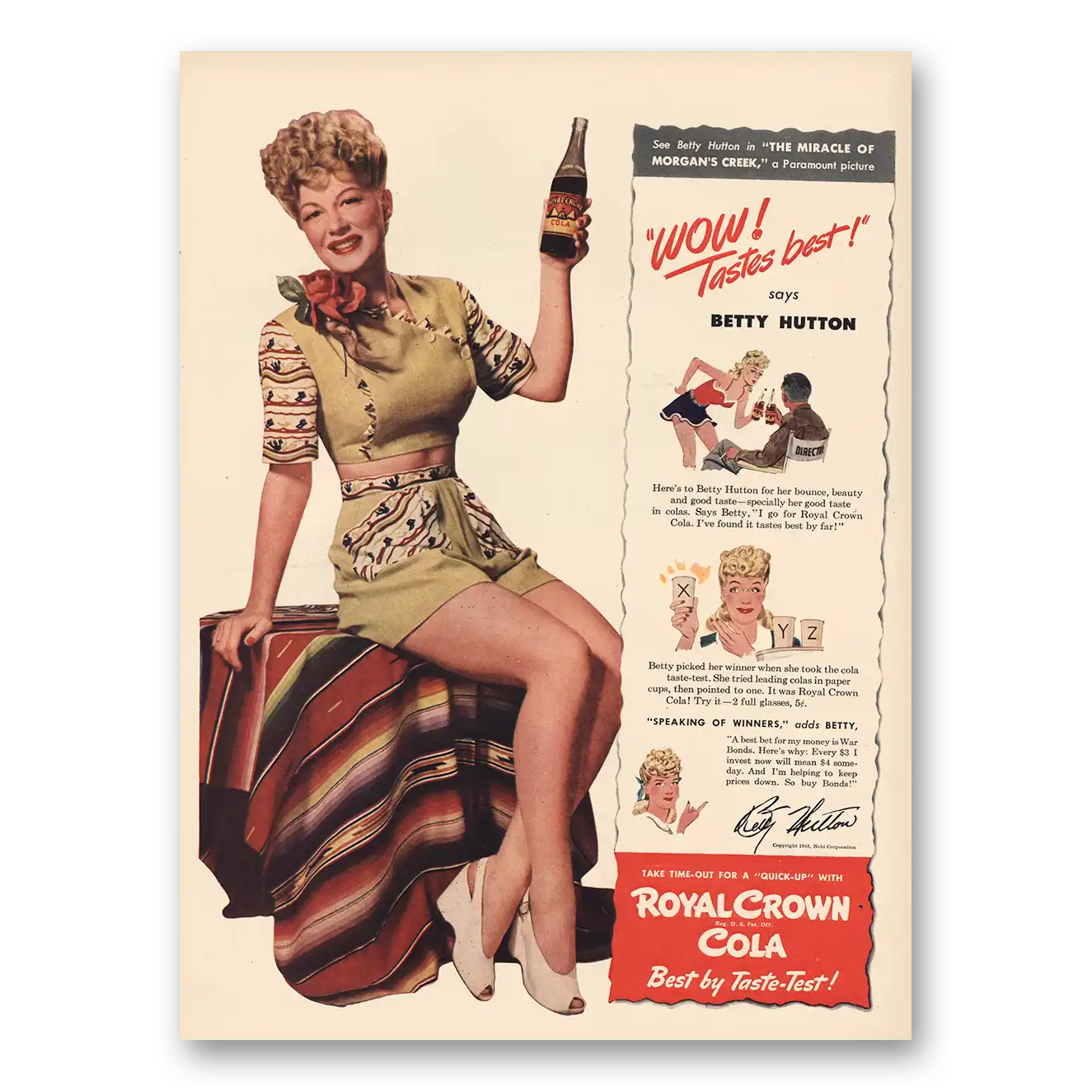 1943 Royal Crown Cola Betty Hutton Vintage Magazine Print Ad