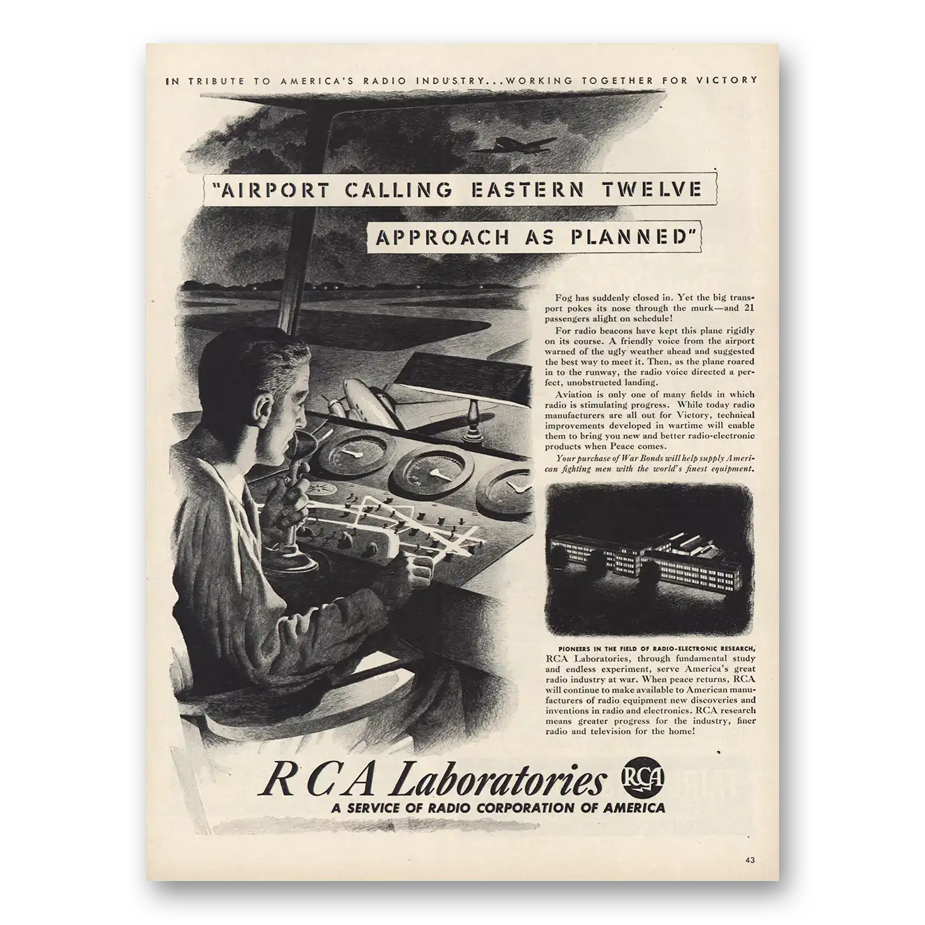 1943 RCA Laboratories Airport Calling Eastern Twelve Vintage Magazine Print Ad