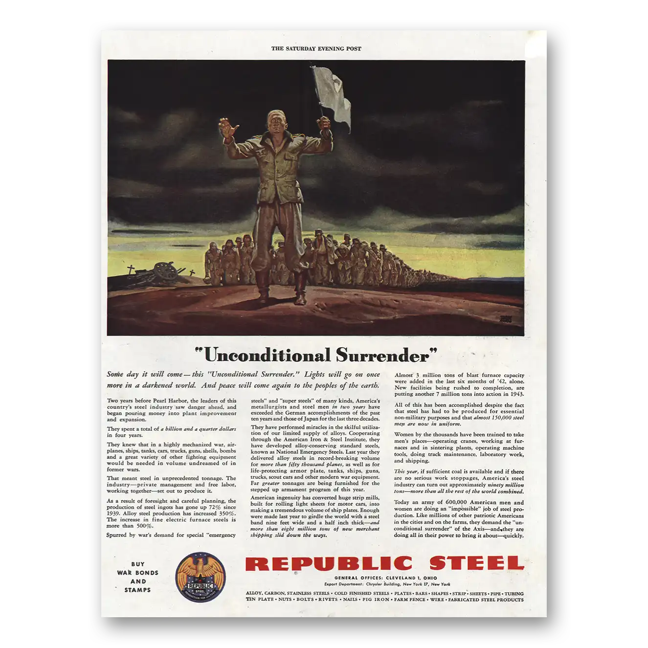 1943 Republic Steel Unconditional Surrender Vintage Magazine Print Ad