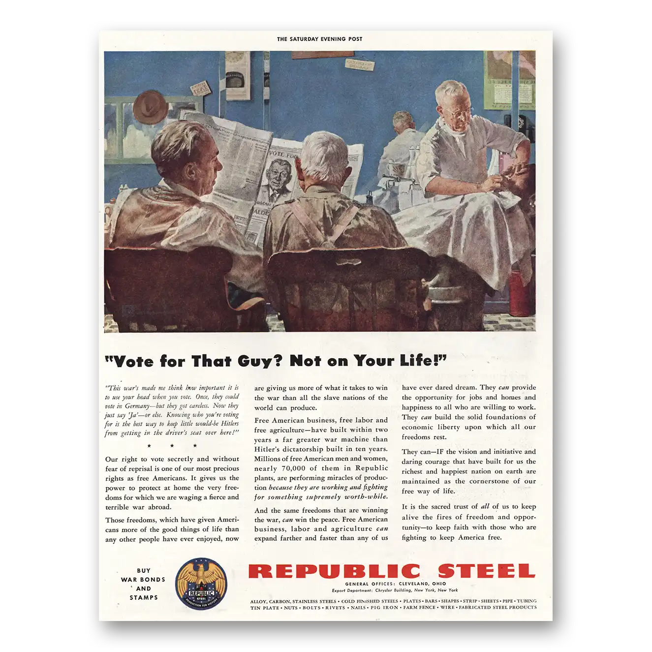 1943 Republic Steel Vote for That Guy Vintage Magazine Print Ad