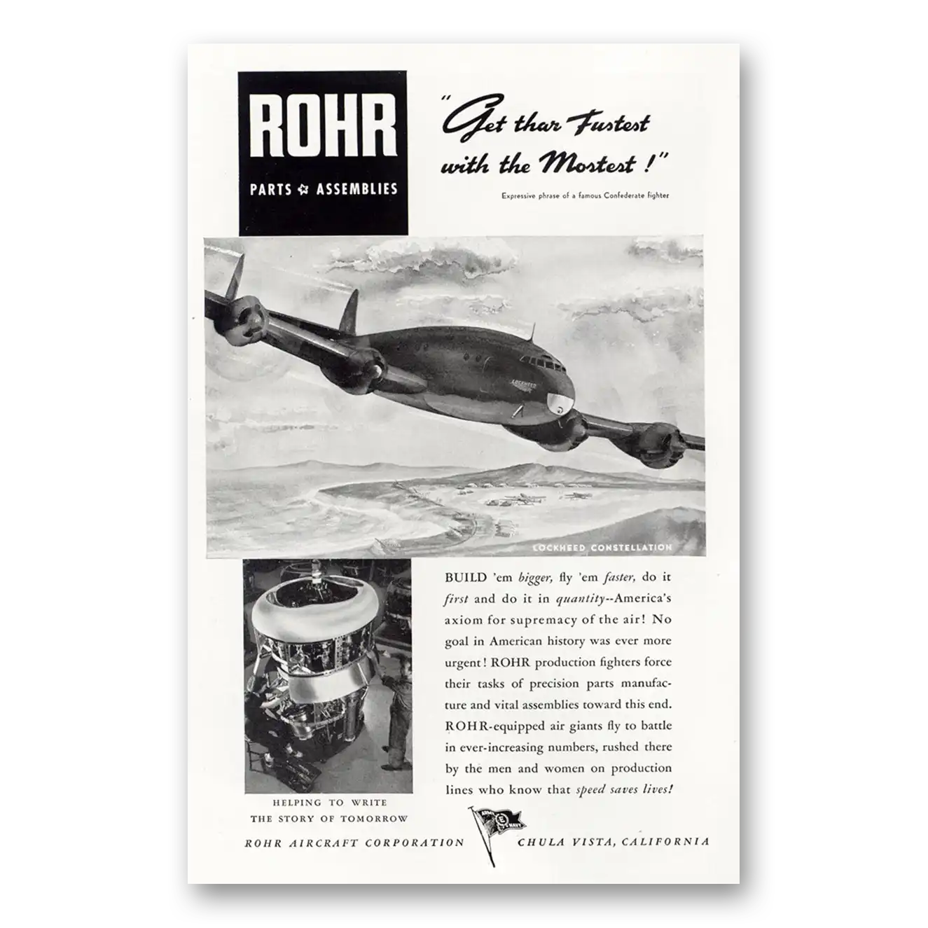 1943 Rohr Aircraft Lockheed Constellation Build Em Bigger Vintage Magazine Print Ad