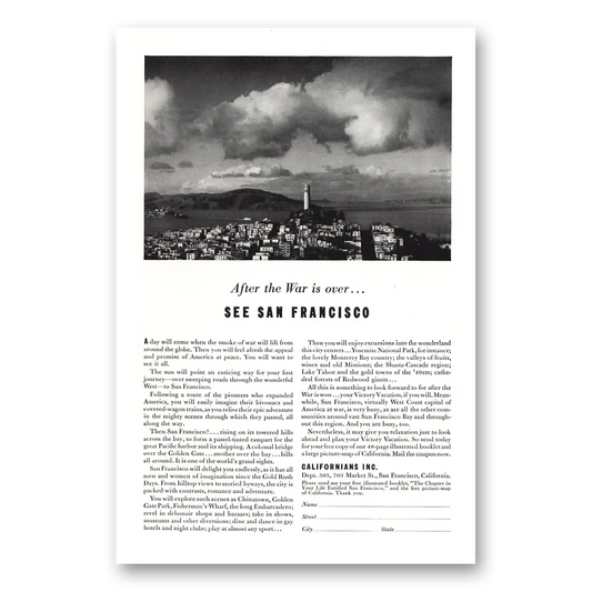 1943 San Francisco California After the War Is Over Vintage Magazine Print Ad